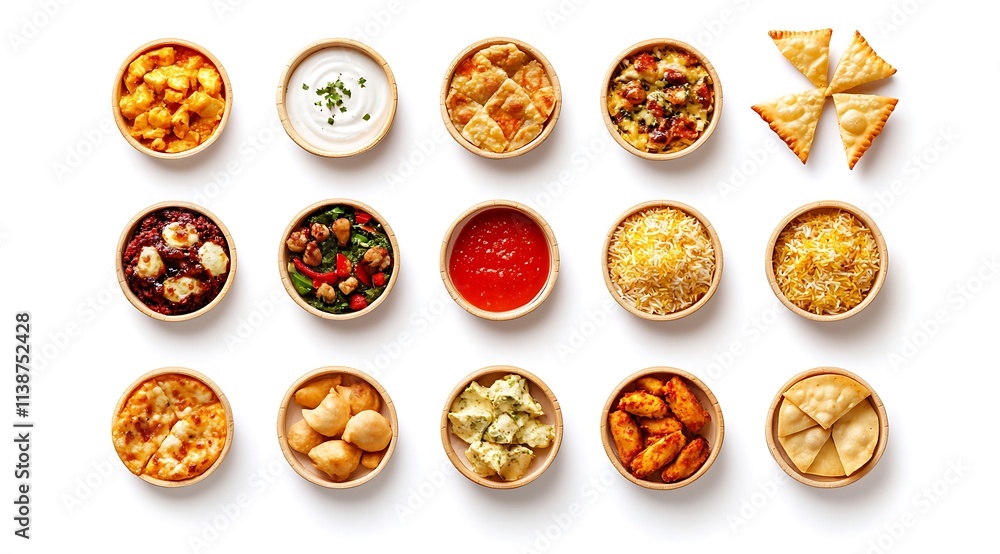 A top view of various Indian dishes including hummus, pizza, chicken biryani, and samosa placed neatly on a white background A top view of various Indian dishes including hummus, pizza, chicken biryani, and samosa placed neatly on a white background