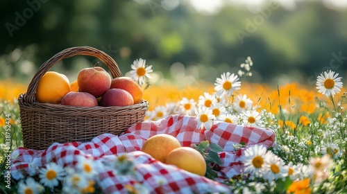 Freshly picked fruits and flowers in a wicker basket on a sunny meadow