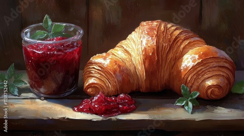 Breakfast setup with croissant, berries, and jam on rustic wooden table