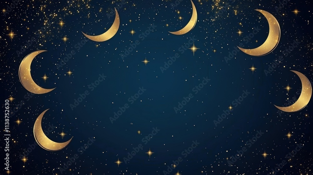 Celestial Greeting Card Template with Golden Moons and Stars on Dark Blue Background Celestial Greeting Card Template with Golden Moons and Stars on Dark Blue Background