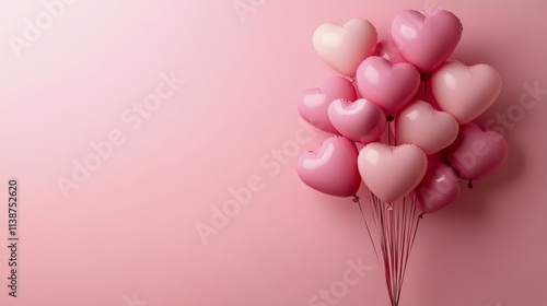 Colorful heart shaped balloons arranged on a pastel pink background for celeb...