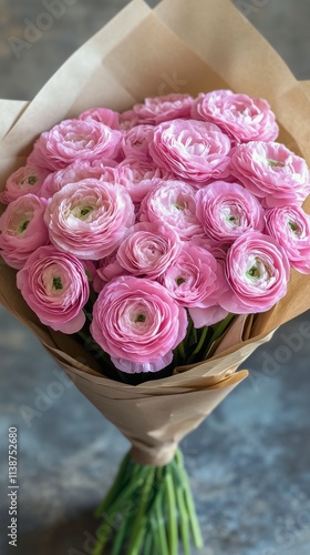 Bouquet of pink ranunculus flowers arranged in wrapping paper for any special...