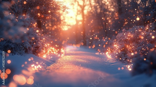 Winter sunset illuminating a snowy forest landscape with falling snowflakes