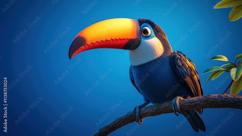 Fototapeta premium Cartoon toucan with large beak on branch.