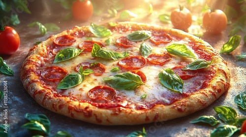 Freshly made pizza topped with basil and cherry tomatoes on wooden table