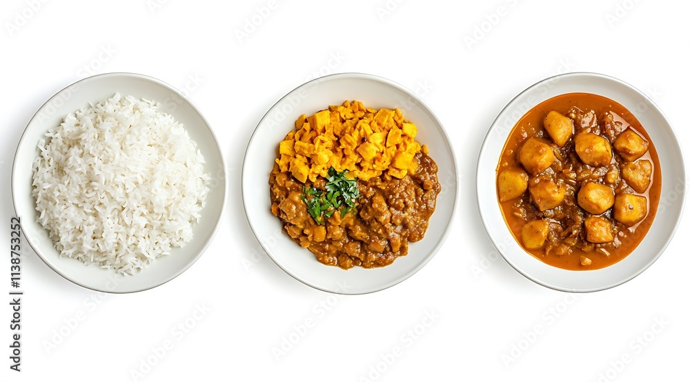 A top-down shot of Sri Lankan dishes including rice, sambols, and curries on isolated plates, with a white background and clean clipping path A top-down shot of Sri Lankan dishes including rice, sambols, and curries on isolated plates, with a white background and clean clipping path