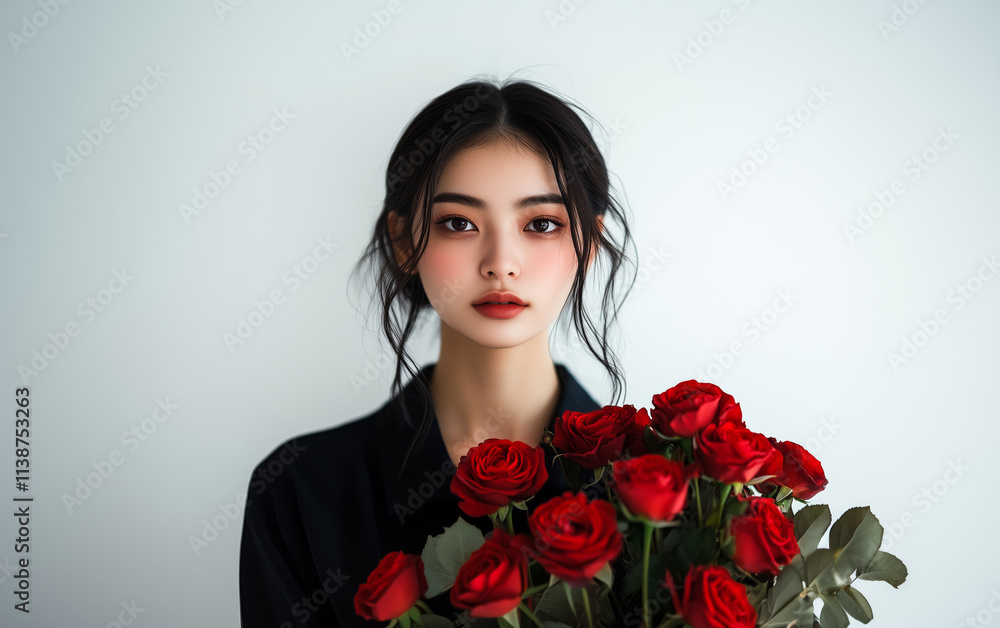 A stunning young woman, adorned in black and holding red roses, poses gracefully against a pristine white studio backdrop. A stunning young woman, adorned in black and holding red roses, poses gracefully against a pristine white studio backdrop.