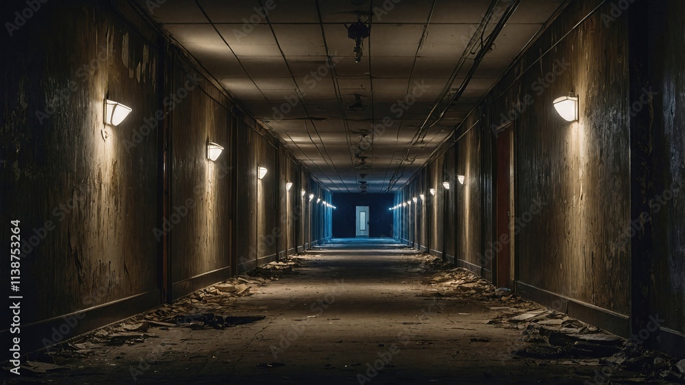 Dark, eerie corridor with decaying walls, dim lighting, and distant mysterious door. Perfect for horror, suspense, and abandoned building concepts Dark, eerie corridor with decaying walls, dim lighting, and distant mysterious door. Perfect for horror, suspense, and abandoned building concepts
