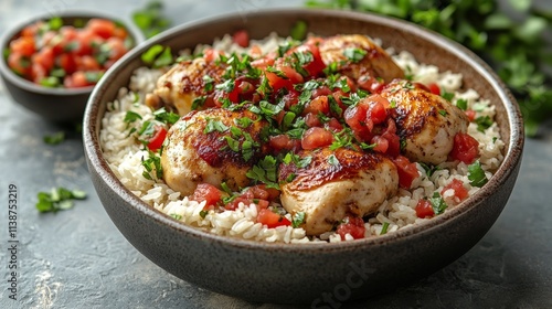 Delicious grilled chicken served over fluffy rice with fresh vegetables and h...