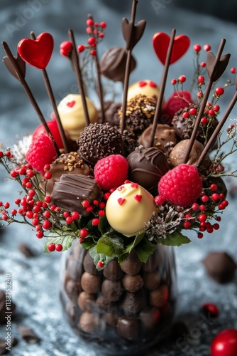 Decorative arrangement of assorted chocolates and berries in a glass vase for...