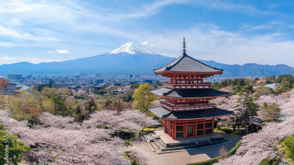 Japanese pagoda, Mount Fuji, cherry blossoms under blue sky. Japanese pagoda, Mount Fuji, cherry blossoms under blue sky.