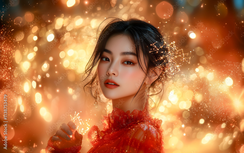 A stunning Chinese beauty with black hair and horns, adorned in a red silk dress, is enveloped in a fiery, ethereal glow. A stunning Chinese beauty with black hair and horns, adorned in a red silk dress, is enveloped in a fiery, ethereal glow.