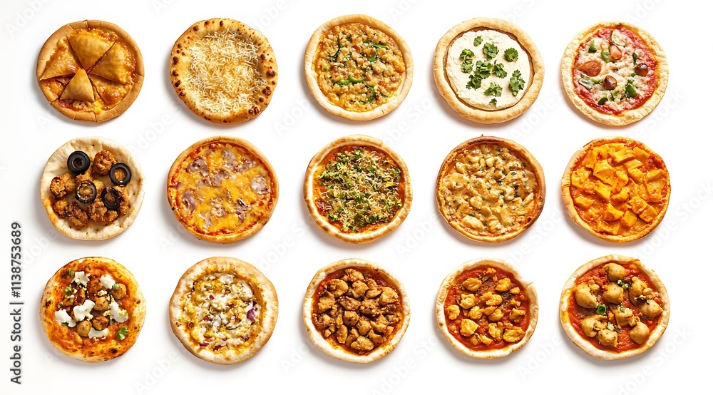 A top-down view of a collection of Indian dishes like hummus, pizza, chicken biryani, and samosa placed on a white background A top-down view of a collection of Indian dishes like hummus, pizza, chicken biryani, and samosa placed on a white background