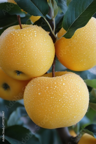 Freshly harvested apples with dew in a lush orchard during early morning hours