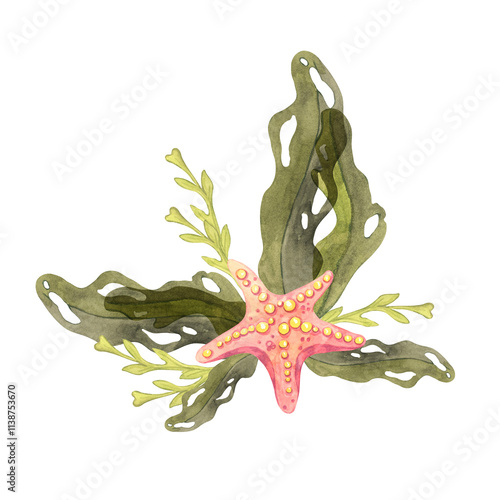 An orange starfish surrounded by flowing green seaweed painted in watercolor. Undersea life clipart for ocean-themed event decor, phone cases, fabric patterns, or branding for beach-related products photo