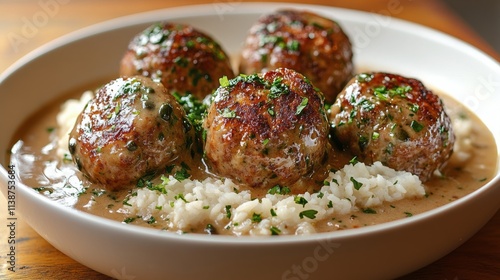 Delicious meatballs served in rich sauce with rice and herbs