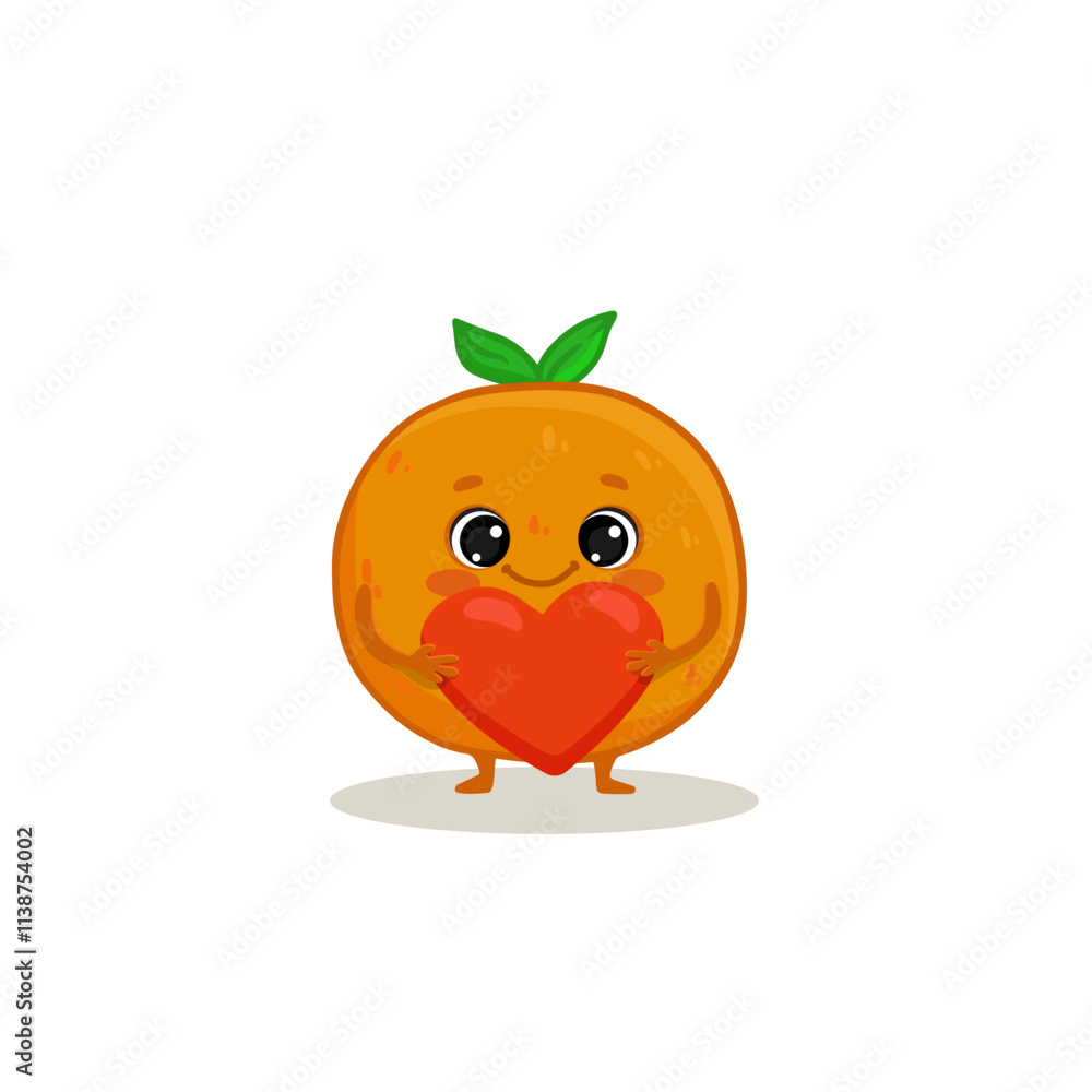 Cute orange character with red heart. Cartoon fruit in flat style. Food illustration for kids. Vector illustration.
Cute orange character with red heart. Cartoon fruit in flat style. Food illustration for kids. Vector illustration.