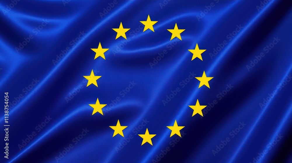 European Union Flag Displaying Golden Stars on Deep Blue Fabric Backdrop European Union Flag Displaying Golden Stars on Deep Blue Fabric Backdrop