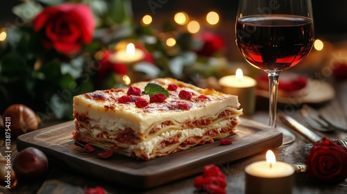 Romantic dinner with lasagna and wine at a candlelit table setting for two