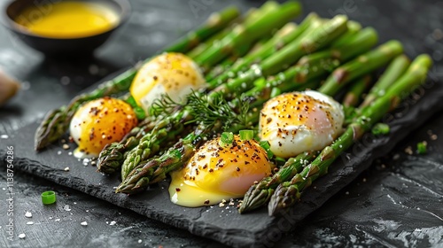 Grilled asparagus with poached eggs, garnished with black sesame seeds and chives, gourmet food presentation, slate serving plate, closeup, healthy meal, high-resolution photo

