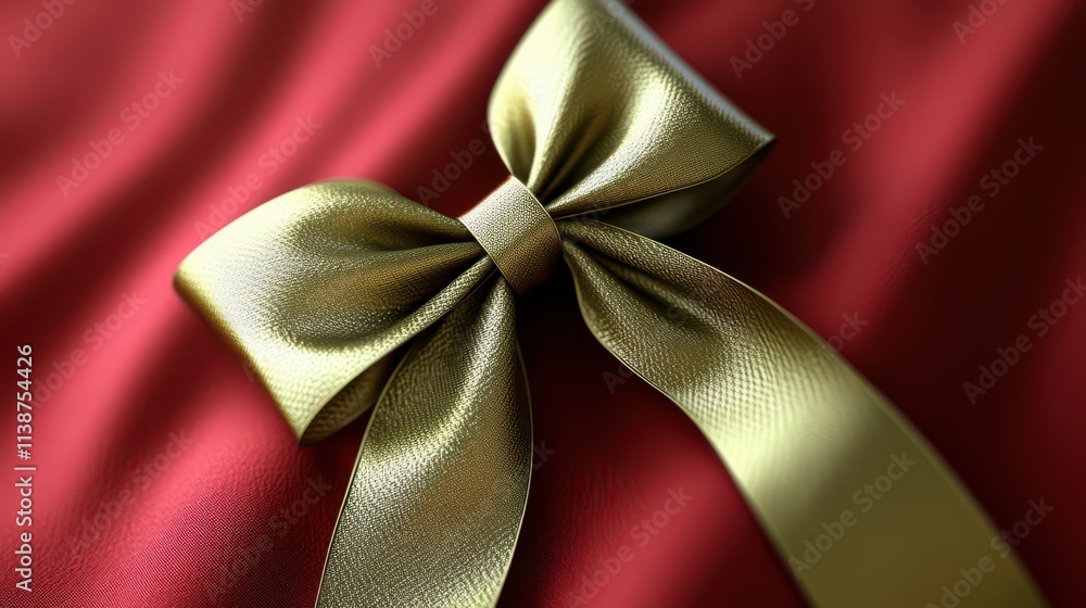 Elegant golden ribbon bow on red background for festive gift presentation and holiday promotions Elegant golden ribbon bow on red background for festive gift presentation and holiday promotions