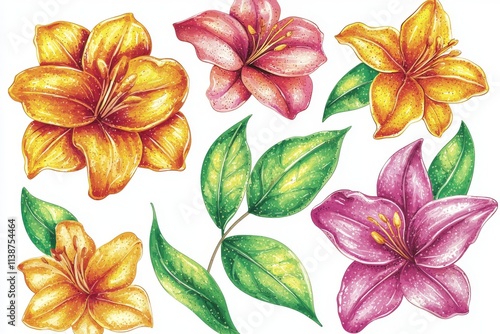 A collection of vivid flowers set on a spotless white canvas.