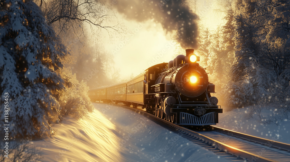 Christmas Train in Snowy Forest with Glowing Lights and Cocoa Christmas Train in Snowy Forest with Glowing Lights and Cocoa