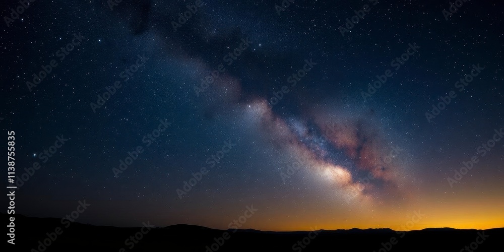 Starry night sky filled with twinkling stars over a dark silhouette of an expansive landscape, cosmos, galaxy, magical Starry night sky filled with twinkling stars over a dark silhouette of an expansive landscape, cosmos, galaxy, magical