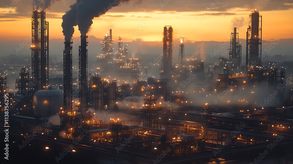 Modern Oil Refinery at Night Displaying Smoke and Tower Glow Image Modern Oil Refinery at Night Displaying Smoke and Tower Glow Image