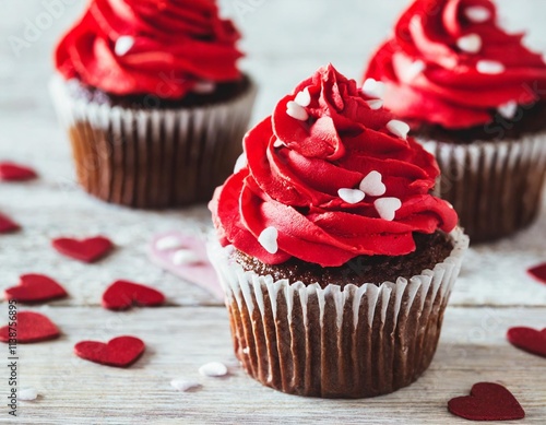 Valentine’s Day Cupcakes Decorated with Heart Sprinkles and Red Buttercream Frosting