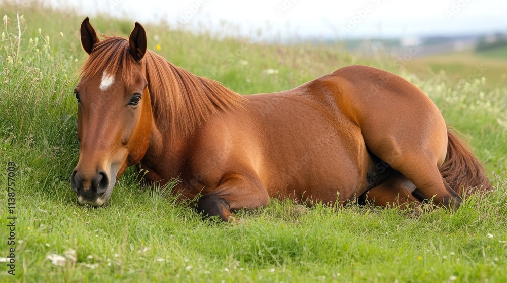Fototapeta premium Horse grazing on a grassy sloped hillside- South Shields, Tyne and Wear, England