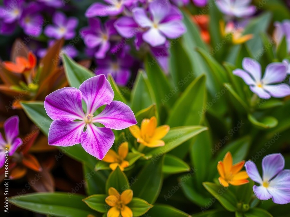Vibrant purple flower petals and leaves in a lush garden setting, fresh, outdoor, nature Vibrant purple flower petals and leaves in a lush garden setting, fresh, outdoor, nature