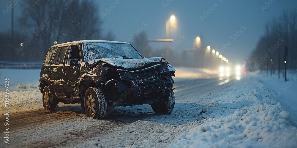 Obraz premium Black car damaged on a snowy road amid light snowfall, surrounded by a serene winter landscape and distant headlights.