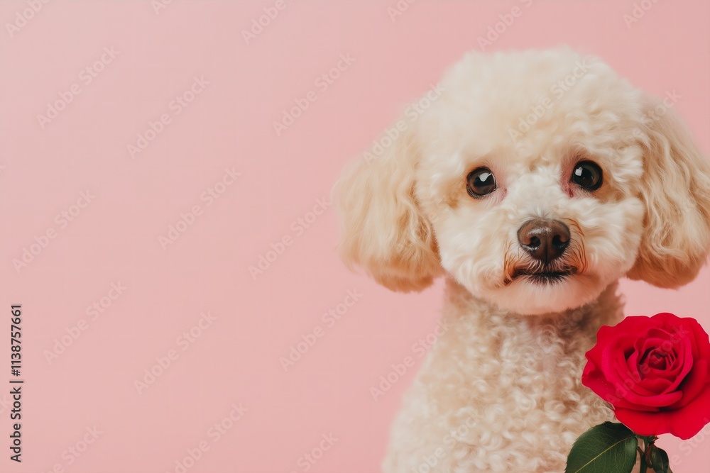 miniature poodle with a red rose on a pastel pink solid color background miniature poodle with a red rose on a pastel pink solid color background