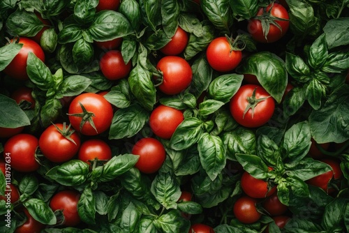 Vibrant Red Tomatoes with Organic Green Basil Leaves Isolated on White Background - Fresh Closeup