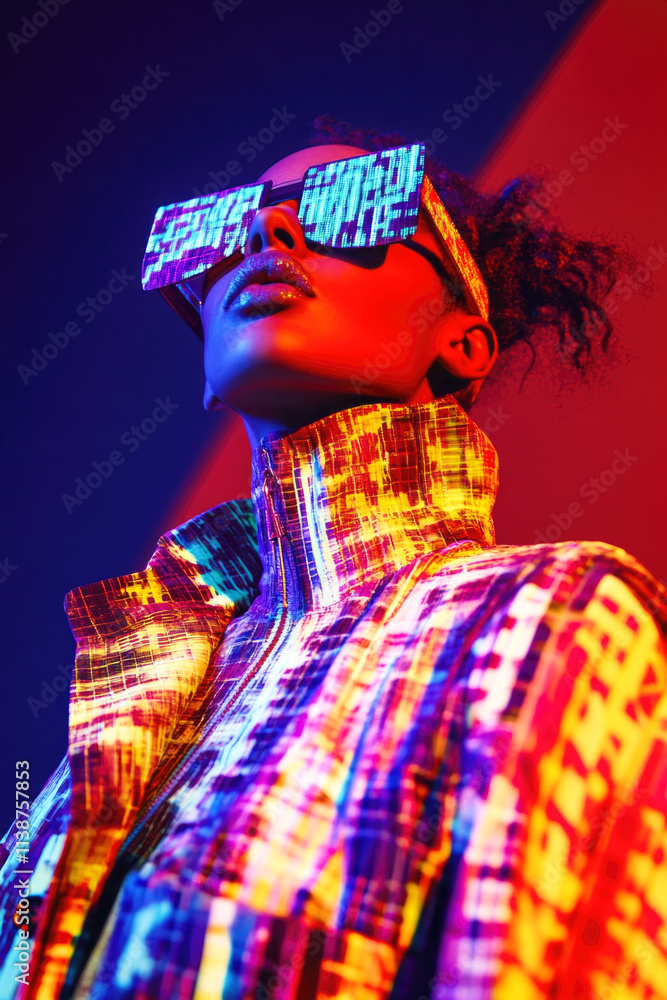 Futuristic neon fashion portrait of african female young adult with digital glasses Futuristic neon fashion portrait of african female young adult with digital glasses