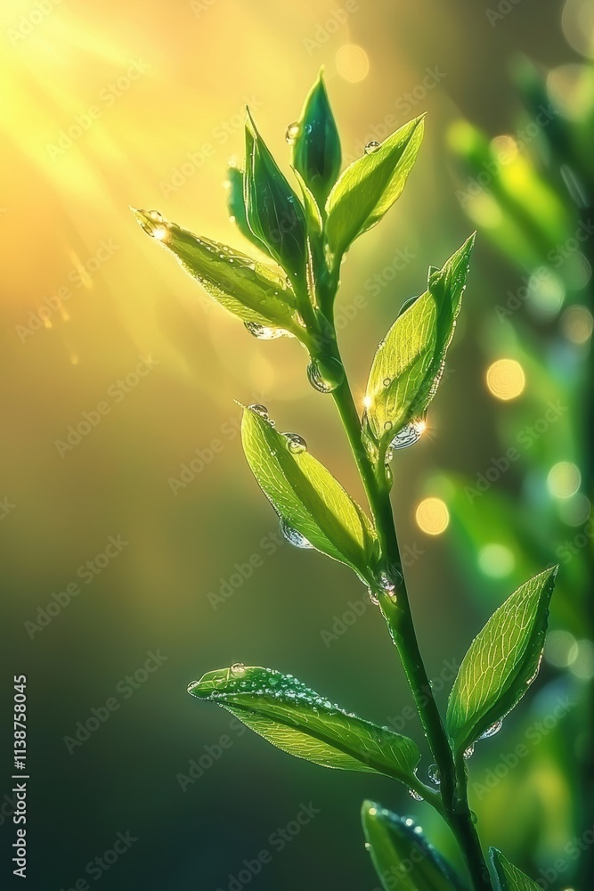 Fototapeta premium Fresh Green Leaves with Morning Dew and Soft Sunlight Bokeh for Refreshing Nature Inspiration