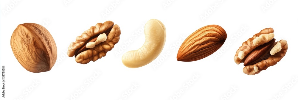 Collection of Mid-air Nuts Isolated on White Background: Cashews, Peanuts, Pecans, Walnuts, Almonds, and Hazelnuts Collection of Mid-air Nuts Isolated on White Background: Cashews, Peanuts, Pecans, Walnuts, Almonds, and Hazelnuts