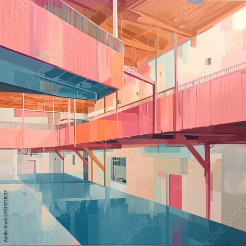 A vibrant, abstract interior with colorful levels and open spaces.