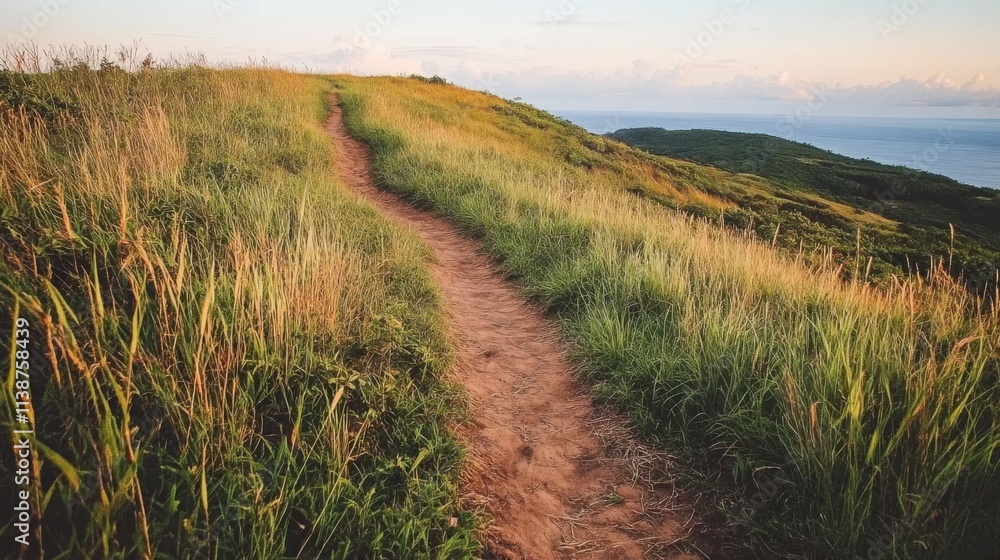 Winding dirt path through green grass at sunset Winding dirt path through green grass at sunset