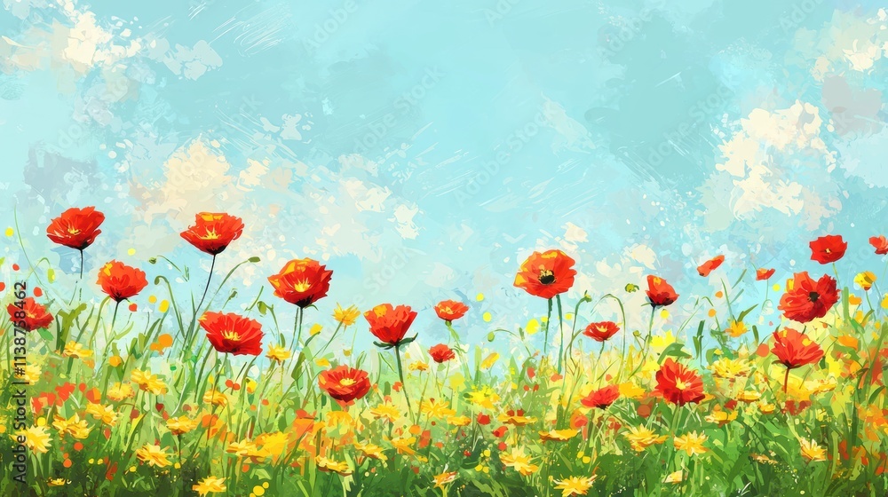 Obraz premium Vibrant Spring Field with Red Poppies, Yellow Daisies, and Lush Green Grass Under a Blue Sky