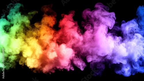 Colorful smoke clouds in rainbow hues on black background