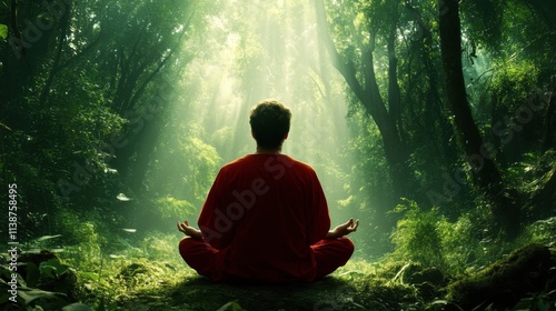 Person meditating in forest with beams of sunlight streaming through trees