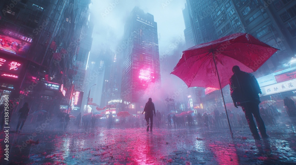 A vibrant, rainy cityscape with neon lights and umbrellas in a bustling atmosphere. A vibrant, rainy cityscape with neon lights and umbrellas in a bustling atmosphere.