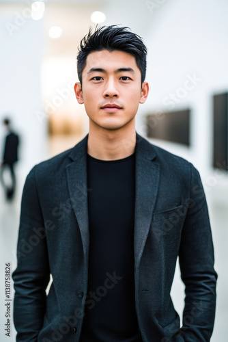 Young asian male in black jacket at contemporary art gallery photo