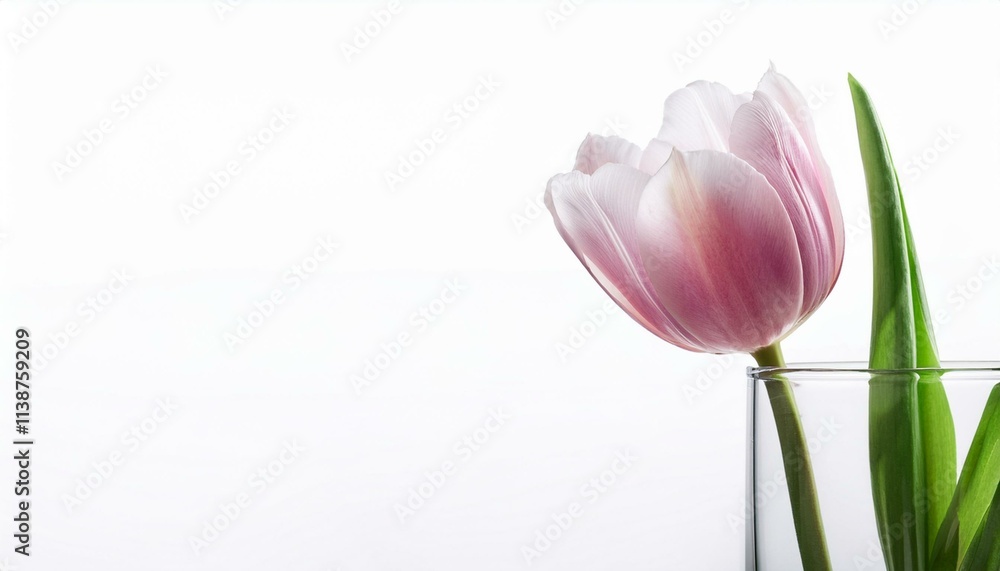 Fototapeta premium one pink tulip in a glass vase isolated on white background
