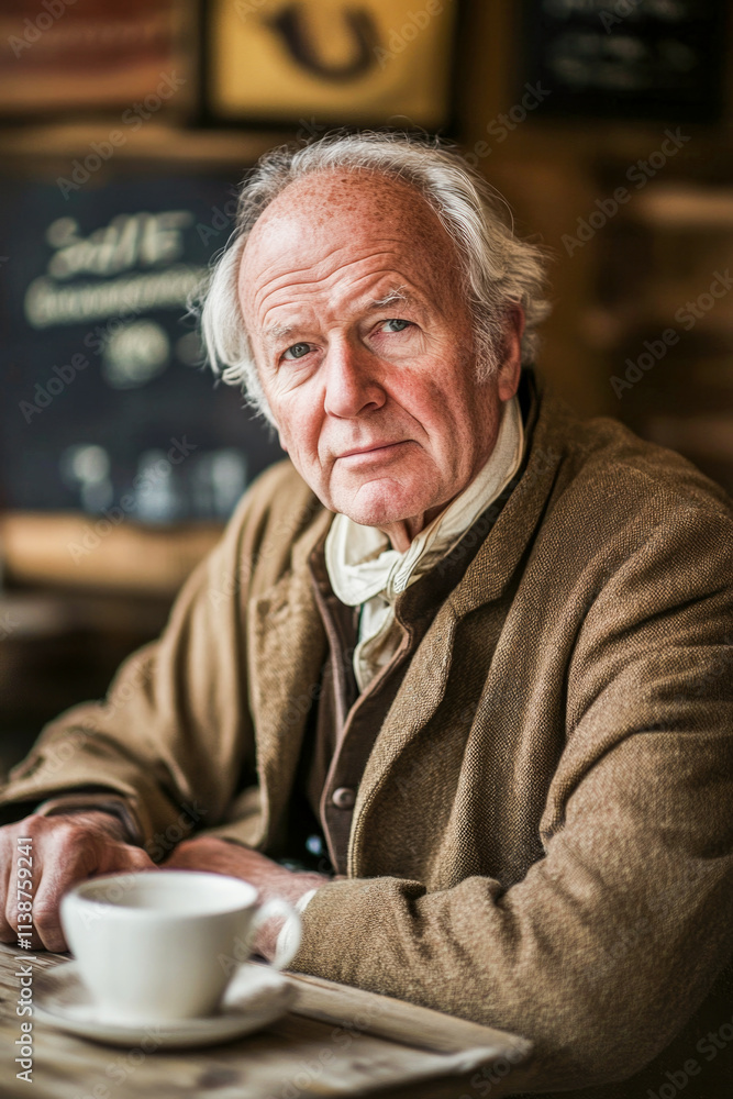 Elderly caucasian male relaxing at café with coffee cup in cozy setting Elderly caucasian male relaxing at café with coffee cup in cozy setting