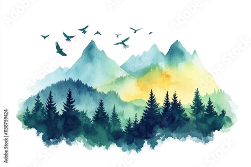 Watercolor Landscape: Mountains, Hills, and Bird Silhouettes on a Clean White Canvas photo