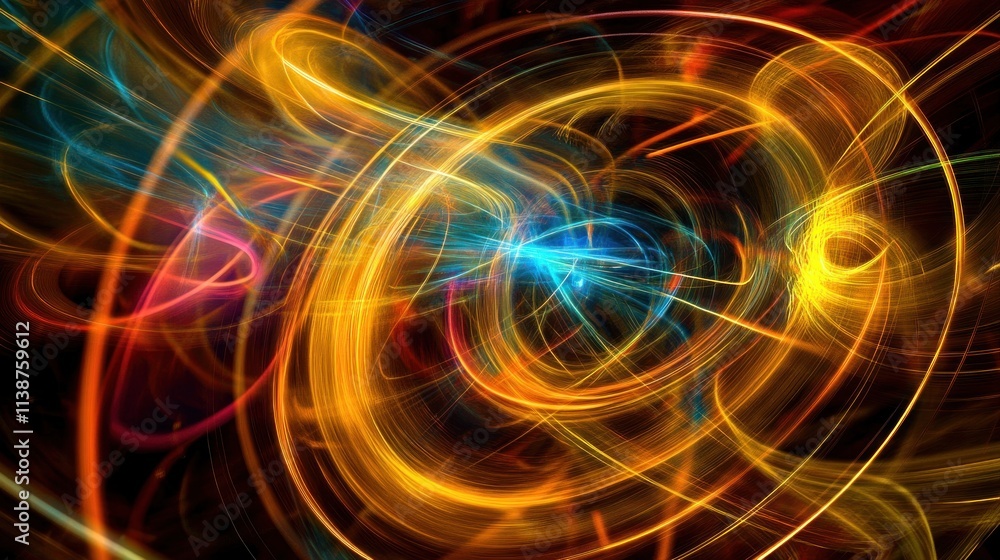 Abstract glowing trails in gold, cyan, and pink against a dark background. Abstract glowing trails in gold, cyan, and pink against a dark background.