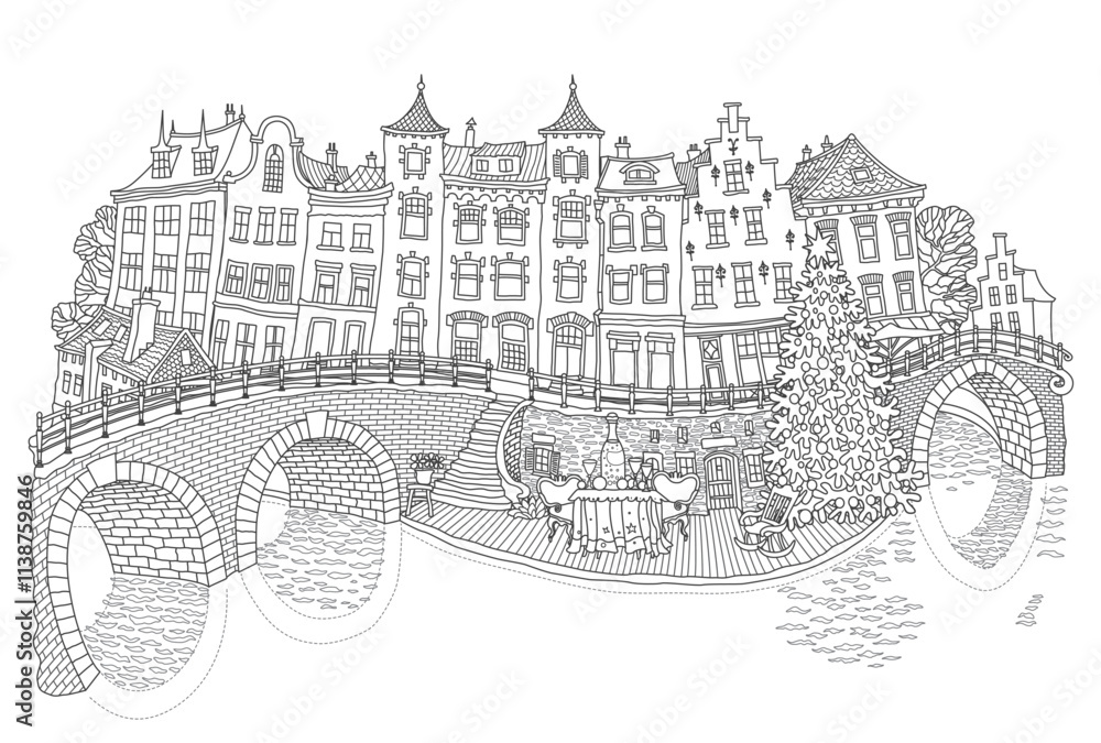 Obraz premium River in the old medieval town with Christmas fir-tree, festively set table, vine glasses and bottle of champagne. Black and white coloring book page